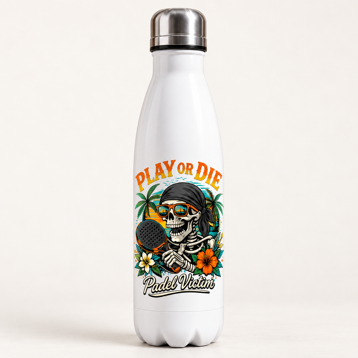 Simulation studio : bouteille blanche 500 ml Play or Die, Padel Victim.