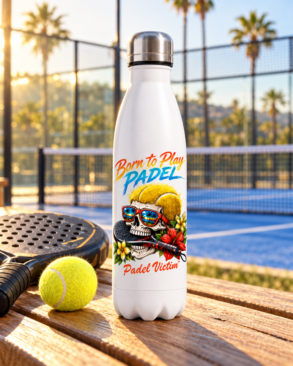 Mockup de la bouteille Born to Play 500 ml sur un banc au bord d’un terrain de padel, avec raquette, balle et palmiers.