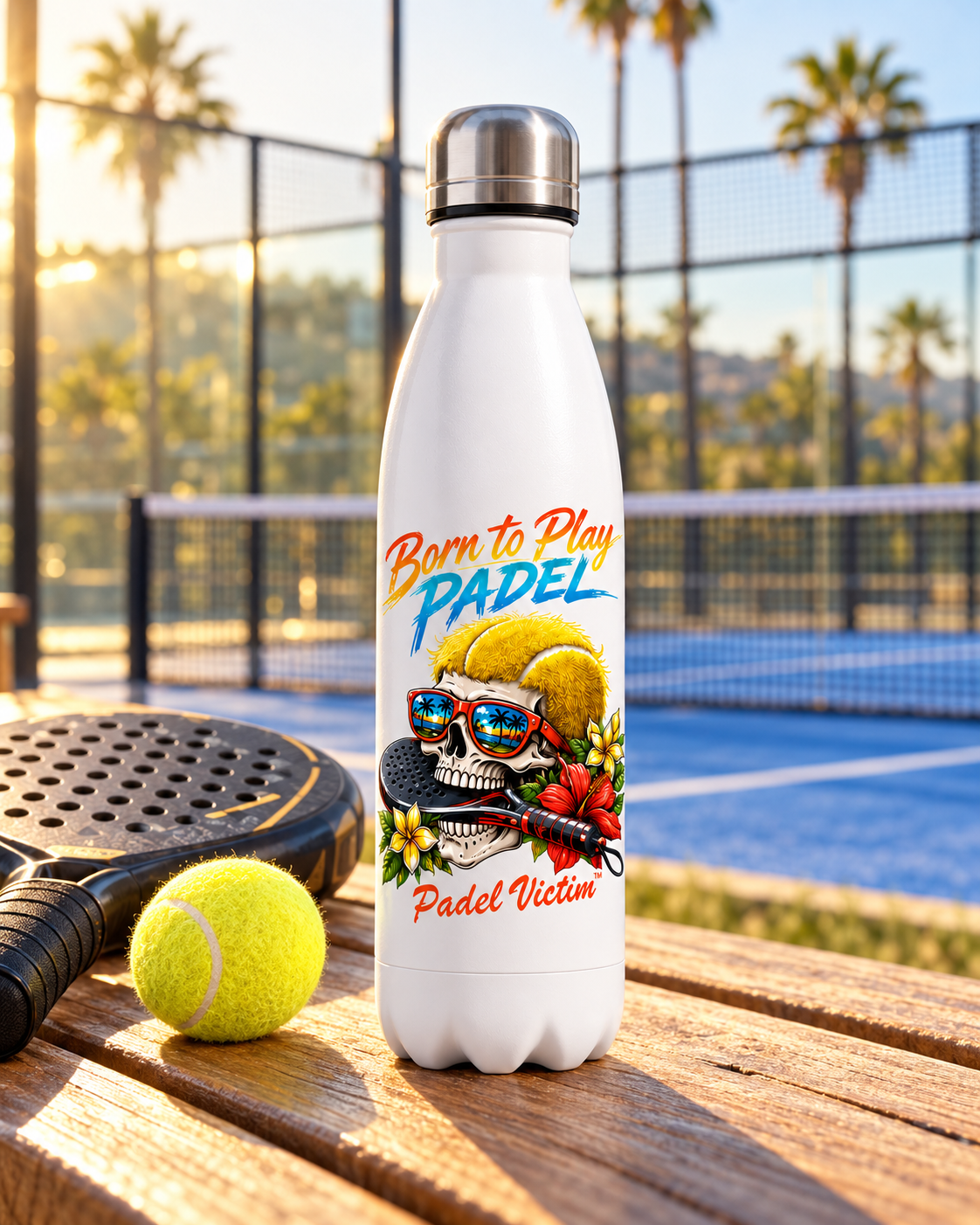 Mockup de la bouteille Born to Play 500 ml sur un banc au bord d’un terrain de padel, avec raquette, balle et palmiers.