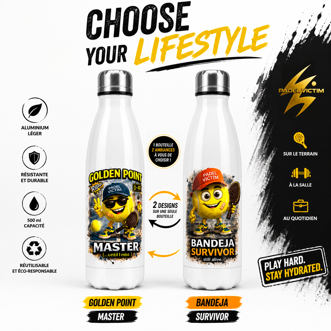 Bouteille sport Padel Victim - "Golden Point, Bandeja Survivor"  500 ml Aluminium Blanc