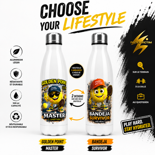 Bouteille sport Padel Victim - "Golden Point, Bandeja Survivor"  500 ml Aluminium Blanc
