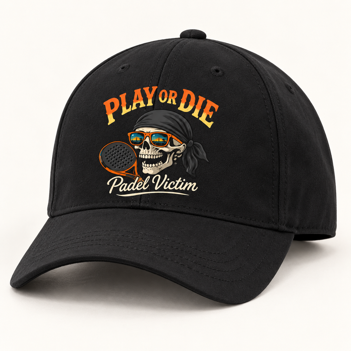 Simulation studio : casquette noire microfibre Play or Die, Padel Victim.
