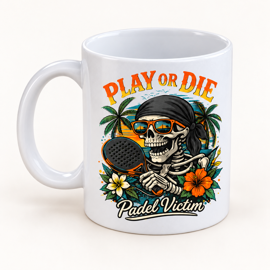 Simulation studio du mug blanc Play or Die Padel Victim, 325 ml.