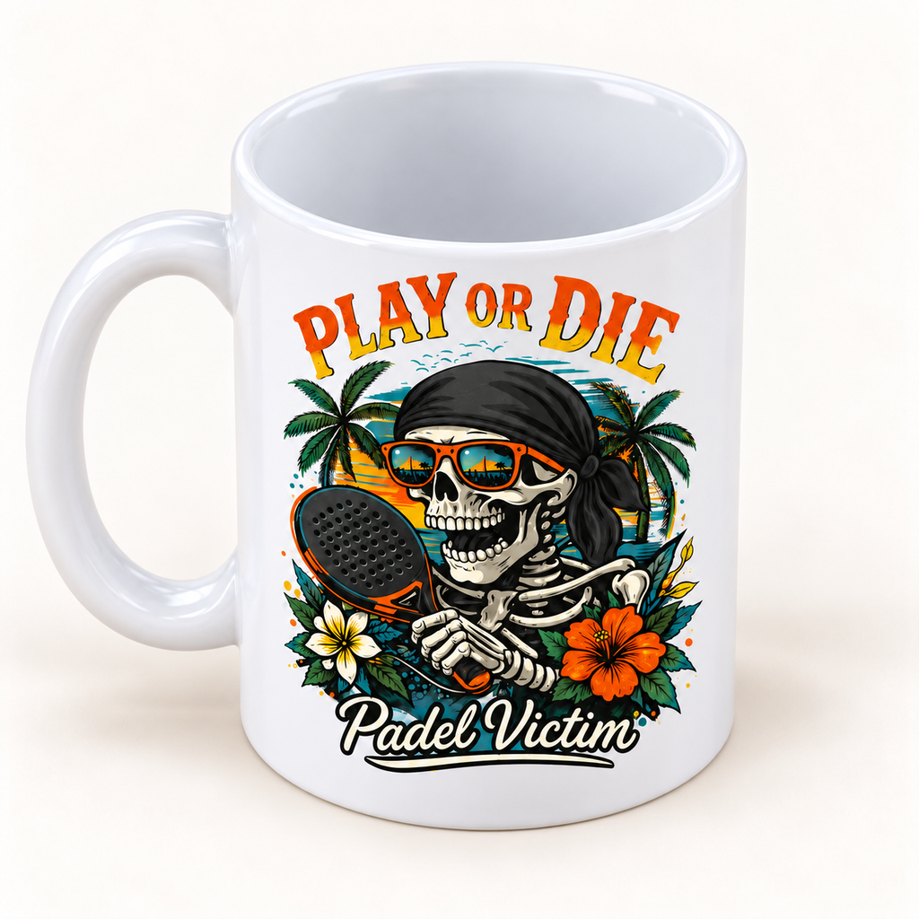 Mockup du mug Play or Die vu de trois quarts, anse à gauche et intérieur visible